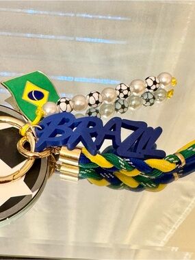 Soccer Brazil Charm Keyring with Blue Name Tag and Flag Accent